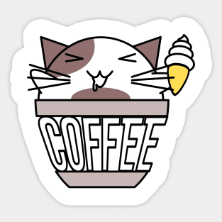 Cat in coffee cup with warped text holding ice cream white and brown Sticker